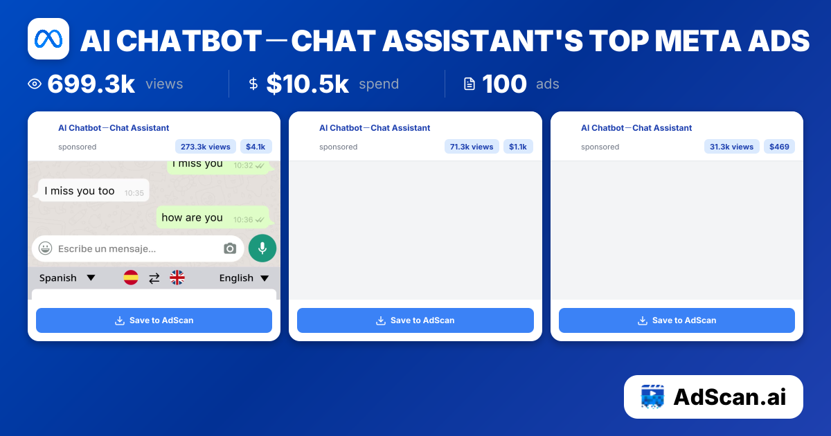 AI Chatbot－Chat Assistant Meta Ads - 317 Ads, 1.2M Views | AdScan.ai